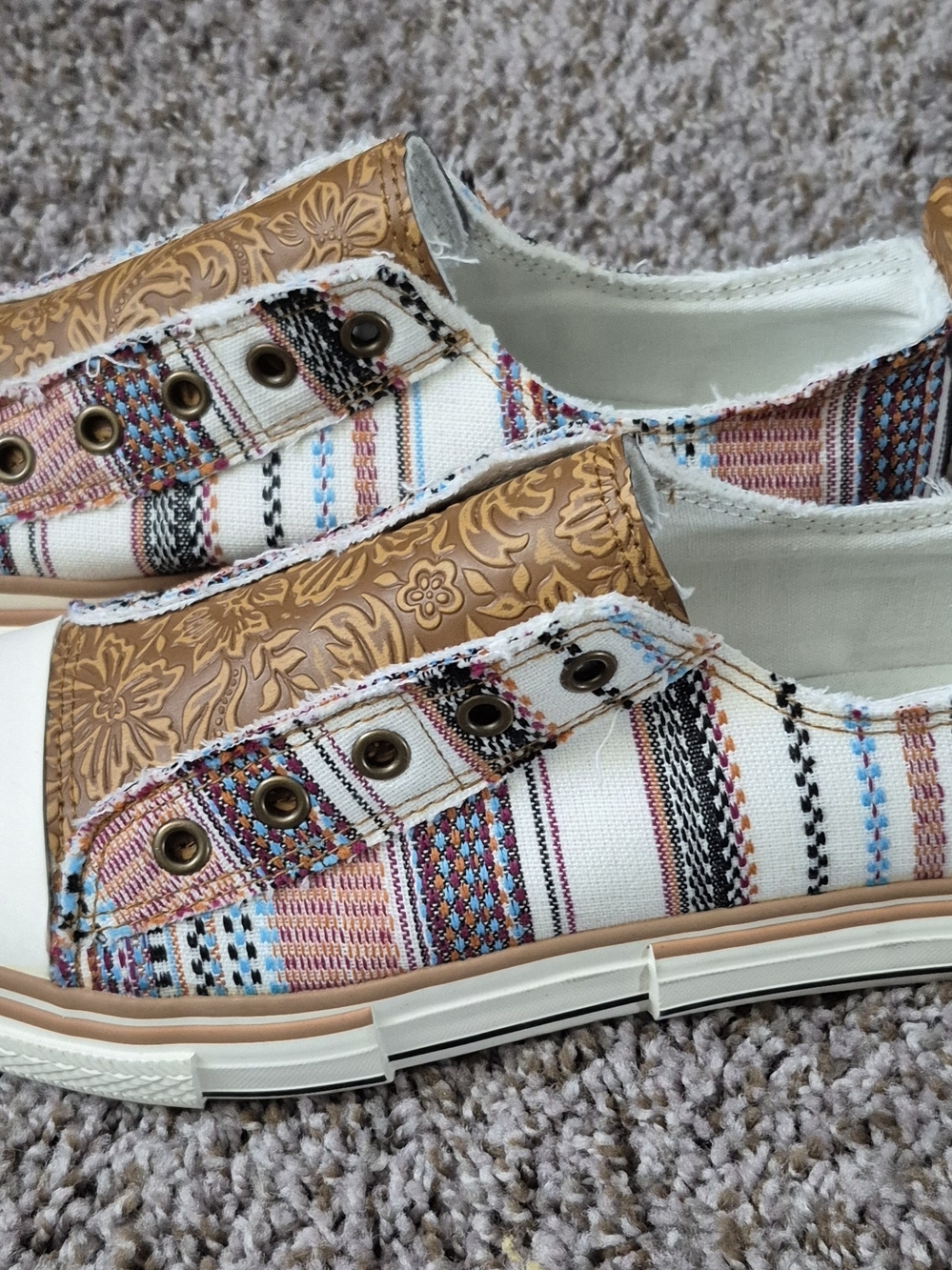 Women's Boho Pattern Slip-On Sneakers in White and Tan, Pink and Blue Accents
